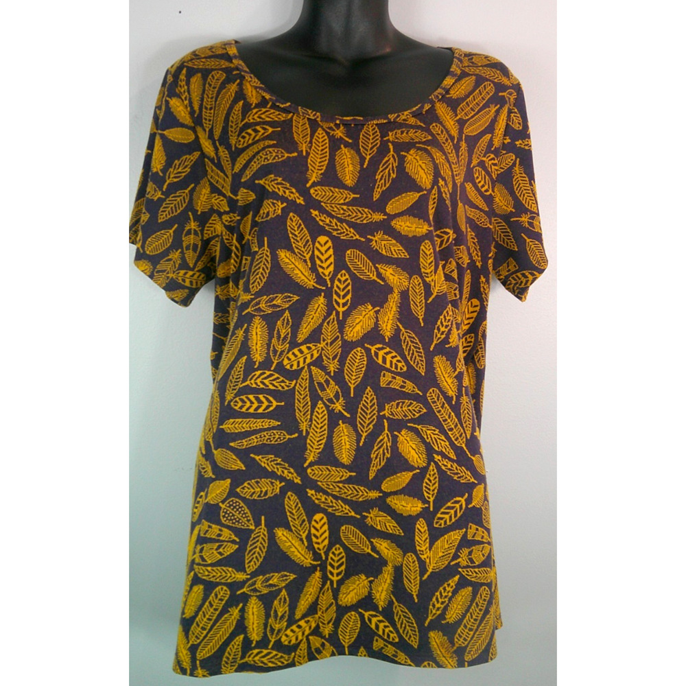 LuLaRoe Short Sleeve Shirt Women's XL Navy Mustard Yellow Feathers